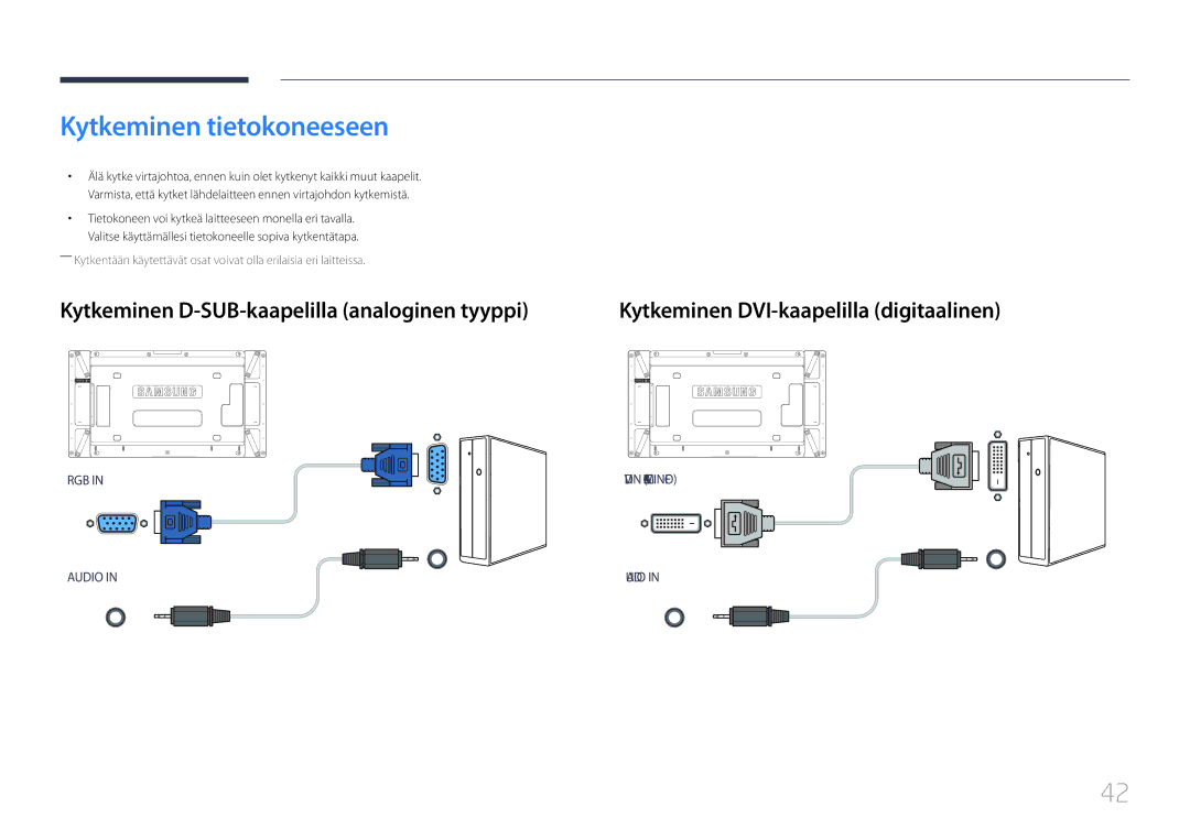 Samsung LH55UDDPLBB/EN manual Kytkeminen tietokoneeseen, Kytkeminen D-SUB-kaapelilla analoginen tyyppi 