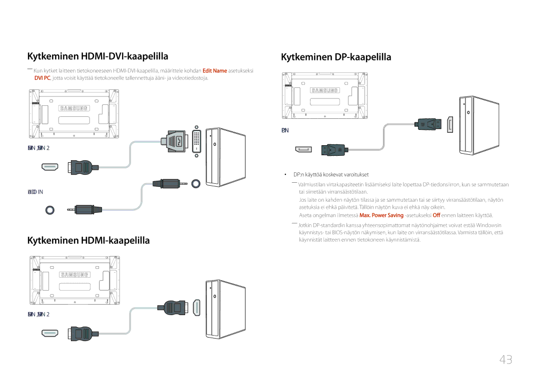 Samsung LH55UDDPLBB/EN manual Kytkeminen HDMI-DVI-kaapelilla, Kytkeminen HDMI-kaapelilla, DPn käyttöä koskevat varoitukset 