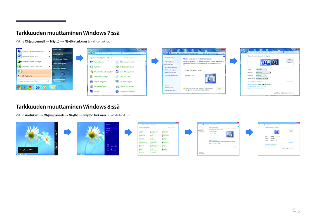 Samsung LH55UDDPLBB/EN manual Tarkkuuden muuttaminen Windows 7ssä, Tarkkuuden muuttaminen Windows 8ssä 