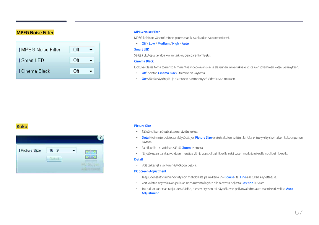 Samsung LH55UDDPLBB/EN manual Koko, Säätää LED-taustavaloa kuvan tarkkuuden parantamiseksi 