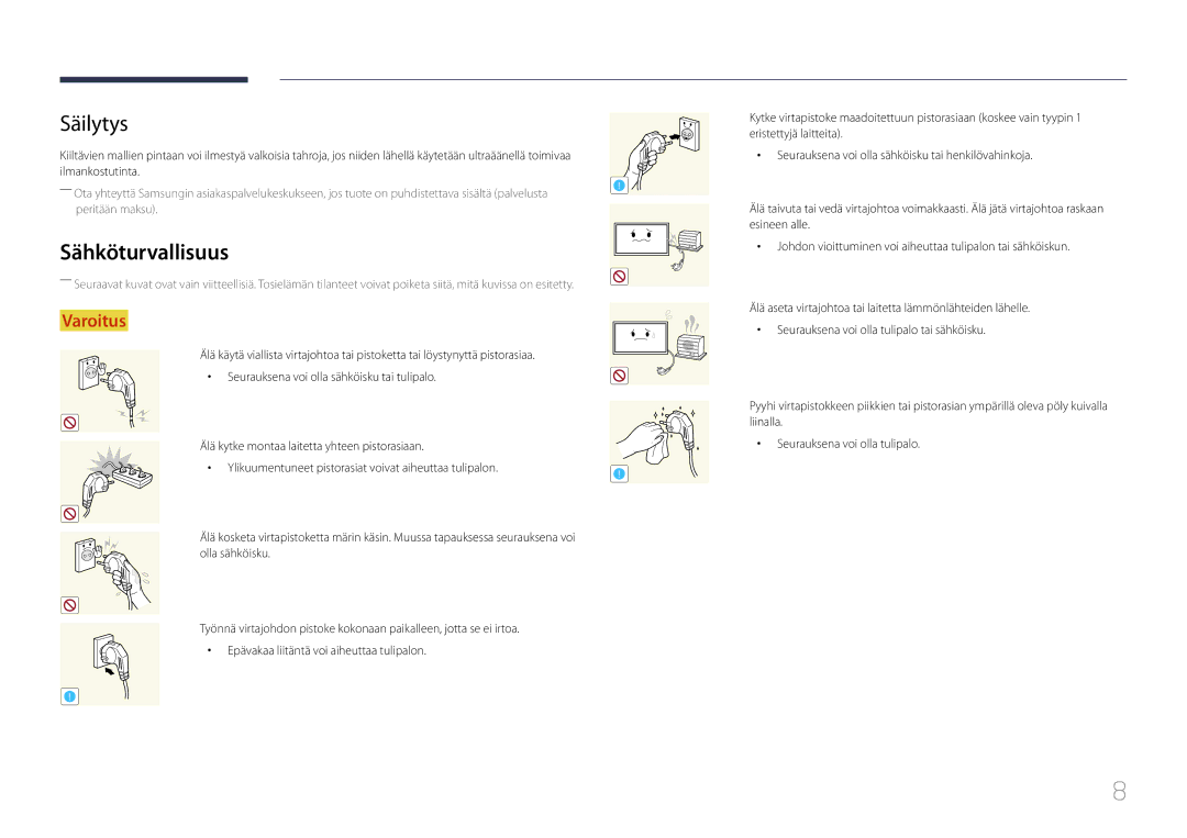 Samsung LH55UDDPLBB/EN manual Säilytys, Sähköturvallisuus 