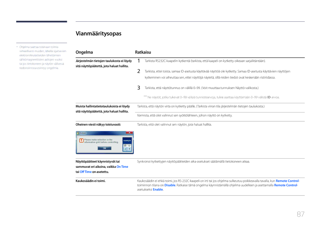 Samsung LH55UDDPLBB/EN Vianmääritysopas, OngelmaRatkaisu, Sitä näyttöpäätettä, jota haluat hallita, Kaukosäädin ei toimi 