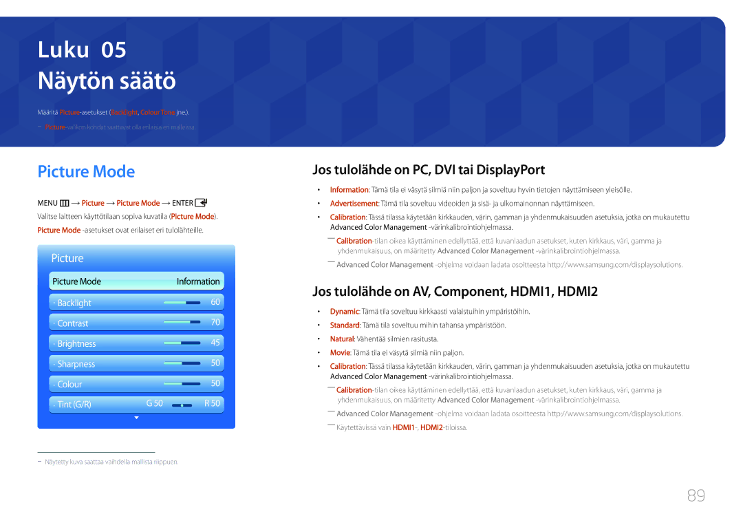 Samsung LH55UDDPLBB/EN manual Jos tulolähde on PC, DVI tai DisplayPort, Menu m Picture Picture Mode Enter 