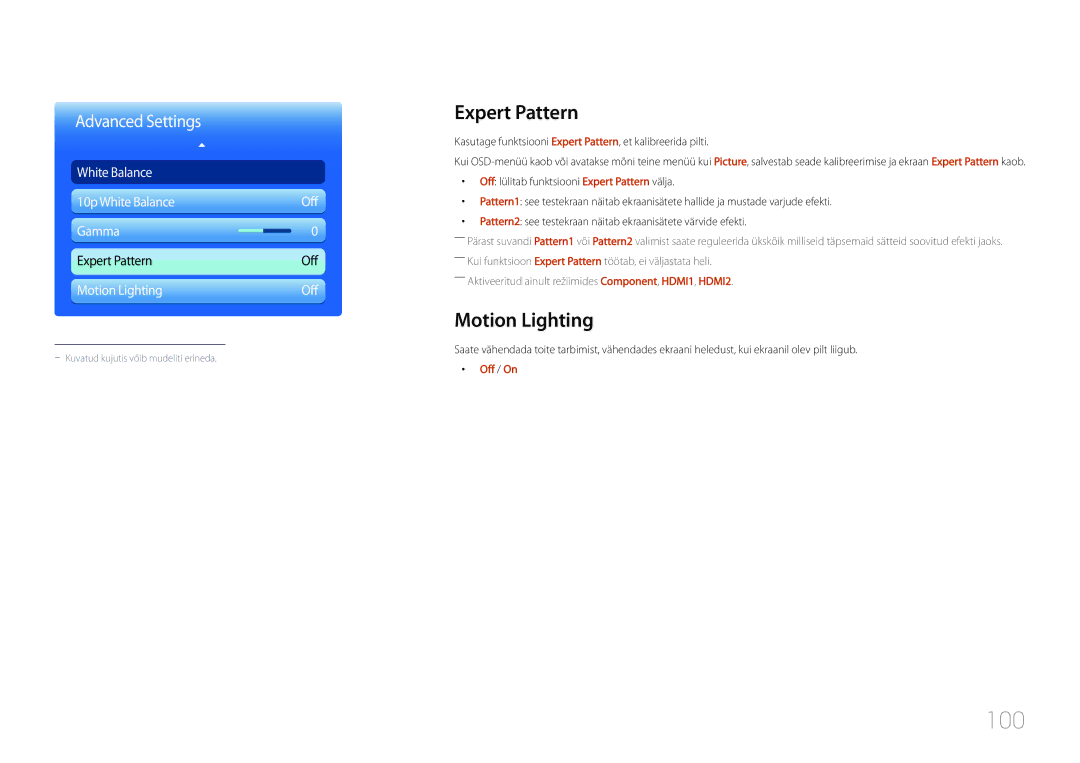 Samsung LH55UDDPLBB/EN manual 100, Motion Lighting, Kasutage funktsiooni Expert Pattern, et kalibreerida pilti 