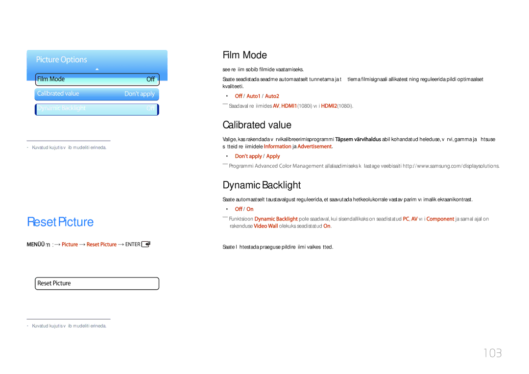 Samsung LH55UDDPLBB/EN manual Reset Picture, 103, Film Mode, Calibrated value, Dynamic Backlight 