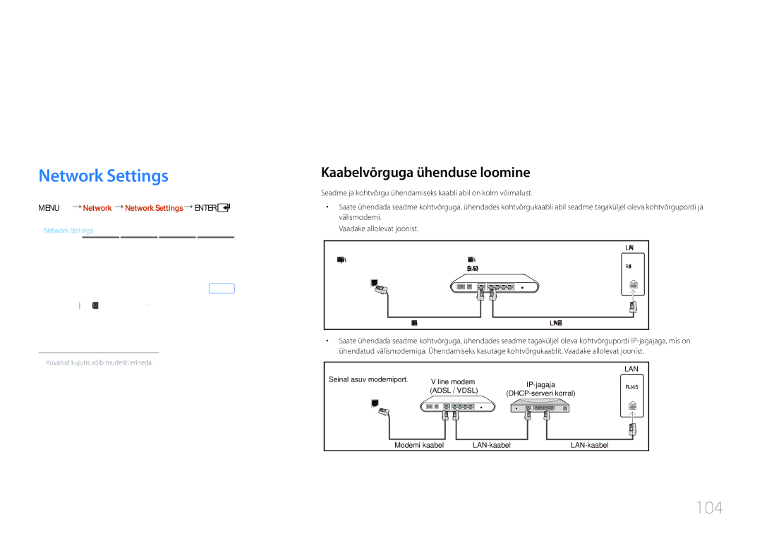 Samsung LH55UDDPLBB/EN manual Võrguühendused, Network Settings, 104, Kaabelvõrguga ühenduse loomine 