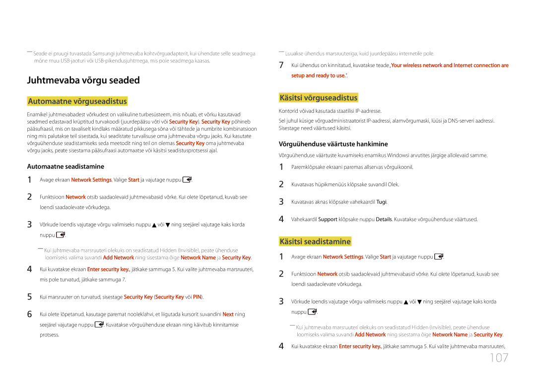 Samsung LH55UDDPLBB/EN manual 107, Juhtmevaba võrgu seaded, Automaatne võrguseadistus, Käsitsi võrguseadistus 