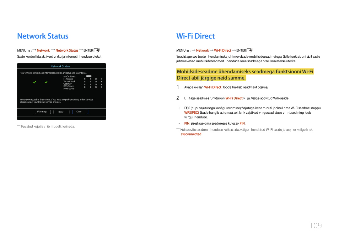 Samsung LH55UDDPLBB/EN manual 109, Menu m Network Network Status Enter, Menu m Network Wi-Fi Direct Enter 