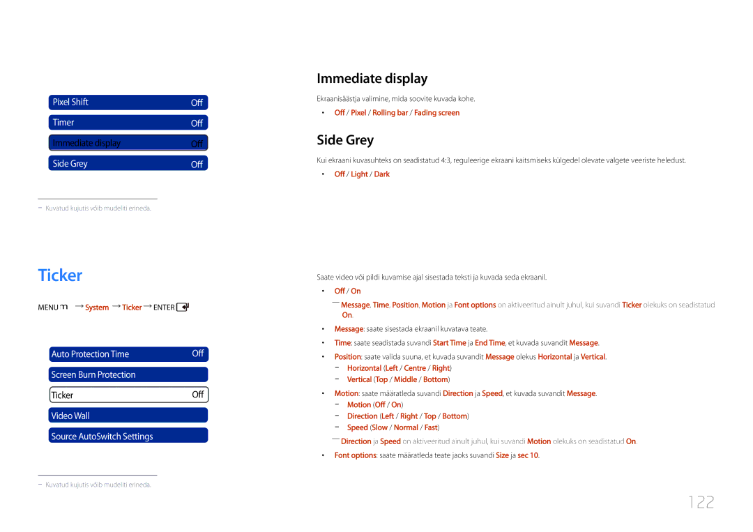 Samsung LH55UDDPLBB/EN manual Ticker, 122, Immediate display, Side Grey 