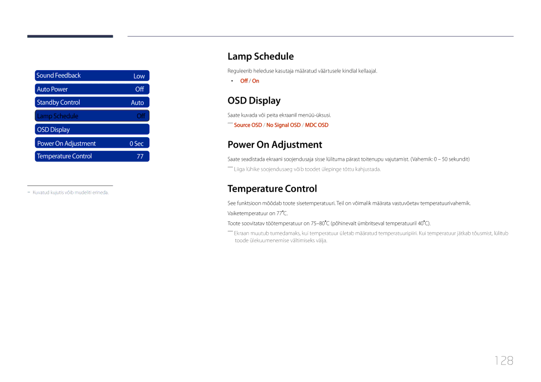 Samsung LH55UDDPLBB/EN manual 128, Lamp Schedule, OSD Display, Power On Adjustment, Temperature Control 