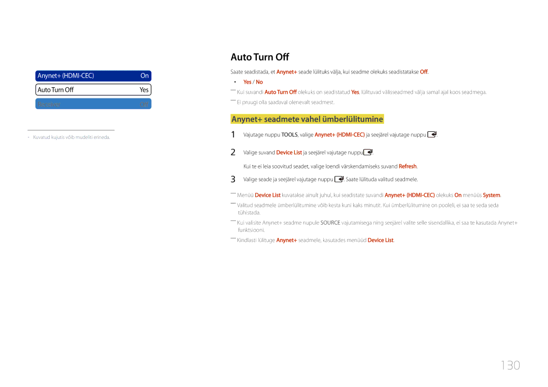 Samsung LH55UDDPLBB/EN manual 130, Auto Turn Off, Anynet+ seadmete vahel ümberlülitumine, Yes / No 