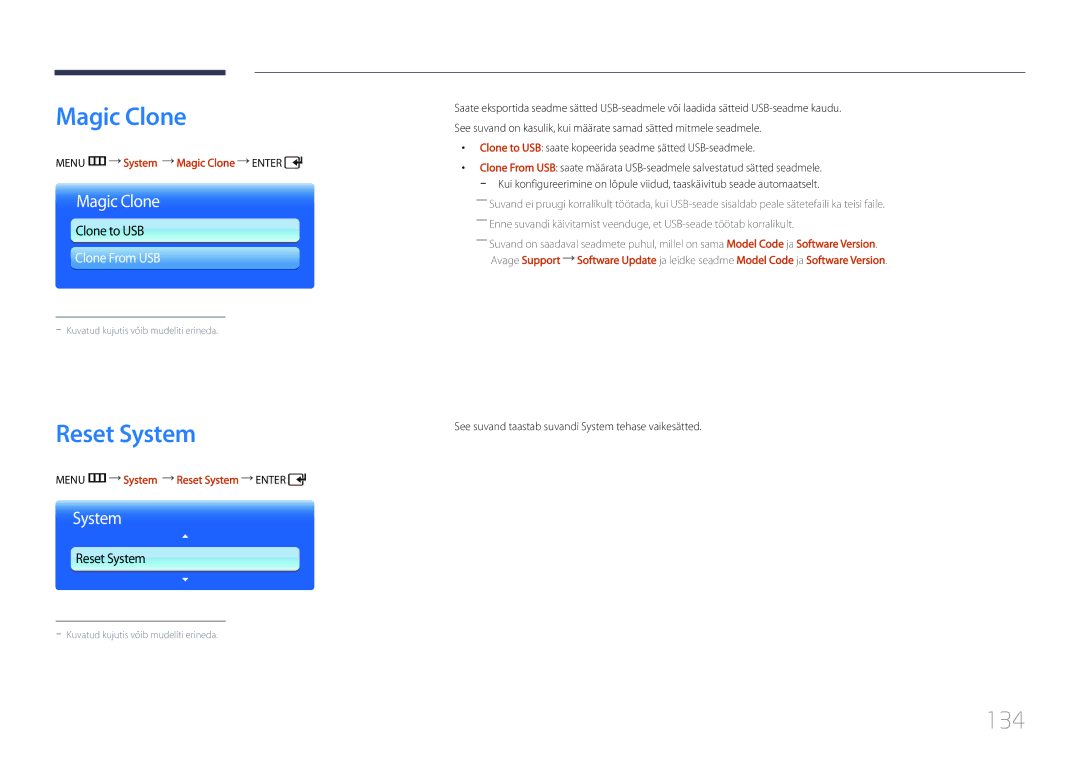 Samsung LH55UDDPLBB/EN manual 134, Menu m System Magic Clone Enter, Menu m System Reset System Enter 