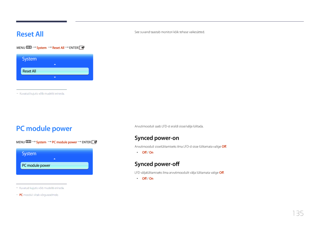 Samsung LH55UDDPLBB/EN manual Reset All, PC module power, 135, Synced power-on, Synced power-off 