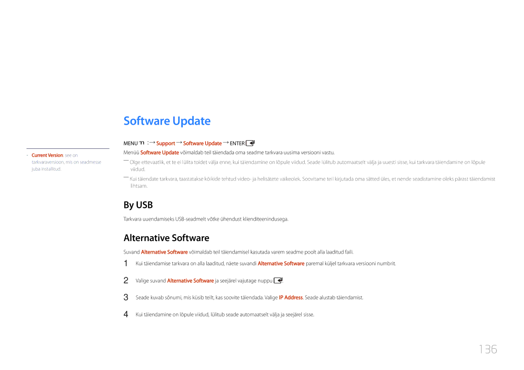 Samsung LH55UDDPLBB/EN manual Tugi, Software Update, 136, By USB, Alternative Software 