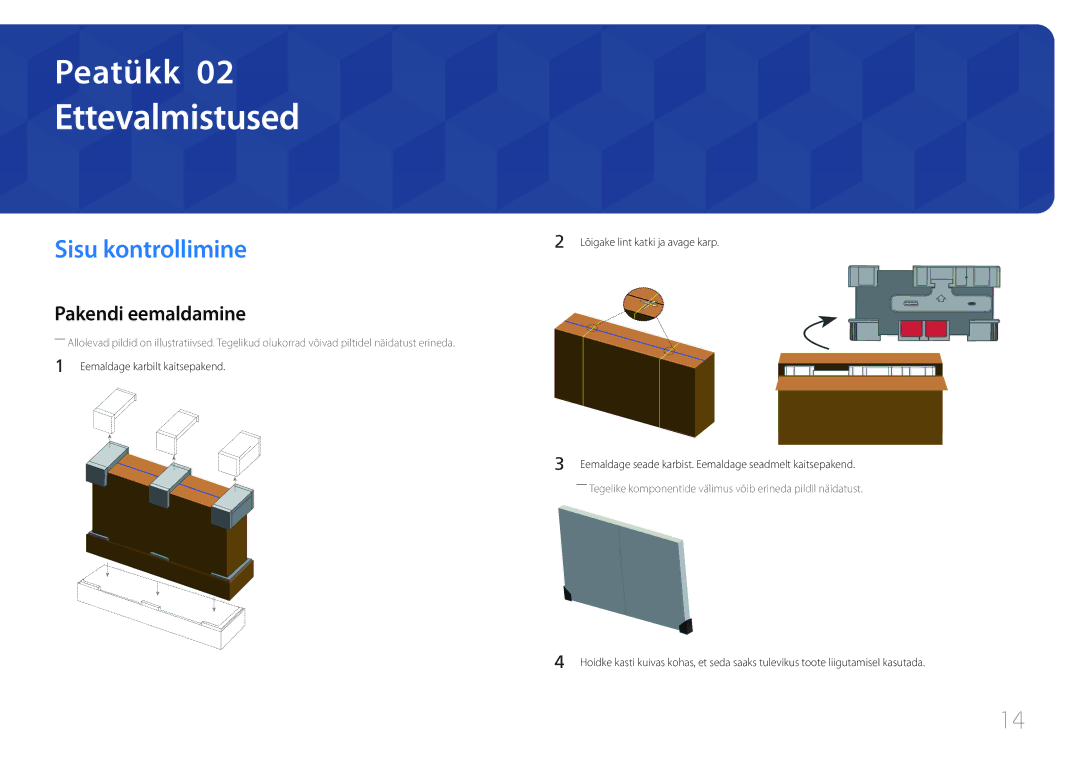 Samsung LH55UDDPLBB/EN manual Ettevalmistused, Sisu kontrollimine, Pakendi eemaldamine, Lõigake lint katki ja avage karp 