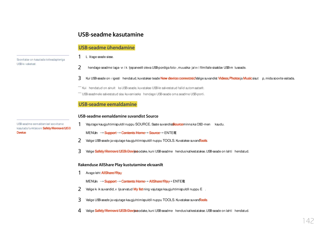 Samsung LH55UDDPLBB/EN manual 142, USB-seadme kasutamine, USB-seadme ühendamine, USB-seadme eemaldamine 