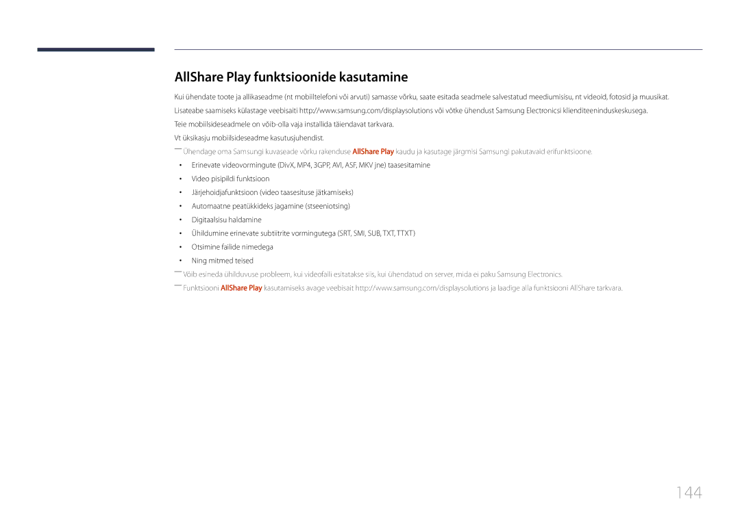 Samsung LH55UDDPLBB/EN manual 144, AllShare Play funktsioonide kasutamine 
