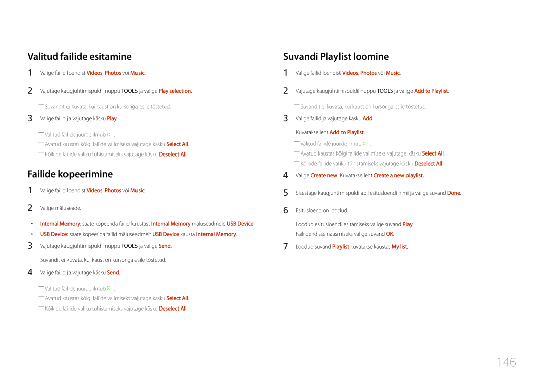 Samsung LH55UDDPLBB/EN manual 146, Valitud failide esitamine, Failide kopeerimine, Suvandi Playlist loomine 