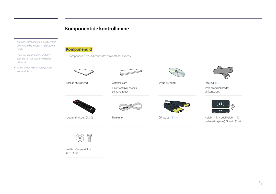 Samsung LH55UDDPLBB/EN Komponentide kontrollimine, Komponendid, Piirkondades Kaugjuhtimispult lk Toitejuhe DP-kaabel lk 