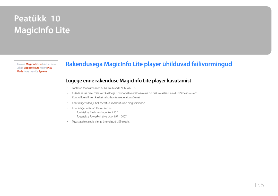 Samsung LH55UDDPLBB/EN manual 156, Lugege enne rakenduse MagicInfo Lite player kasutamist 