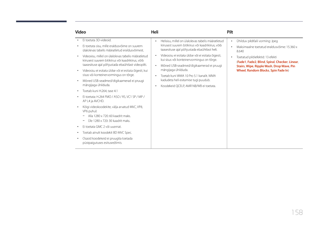 Samsung LH55UDDPLBB/EN manual 158, Video Heli, Ei toetata 3D-videoid 