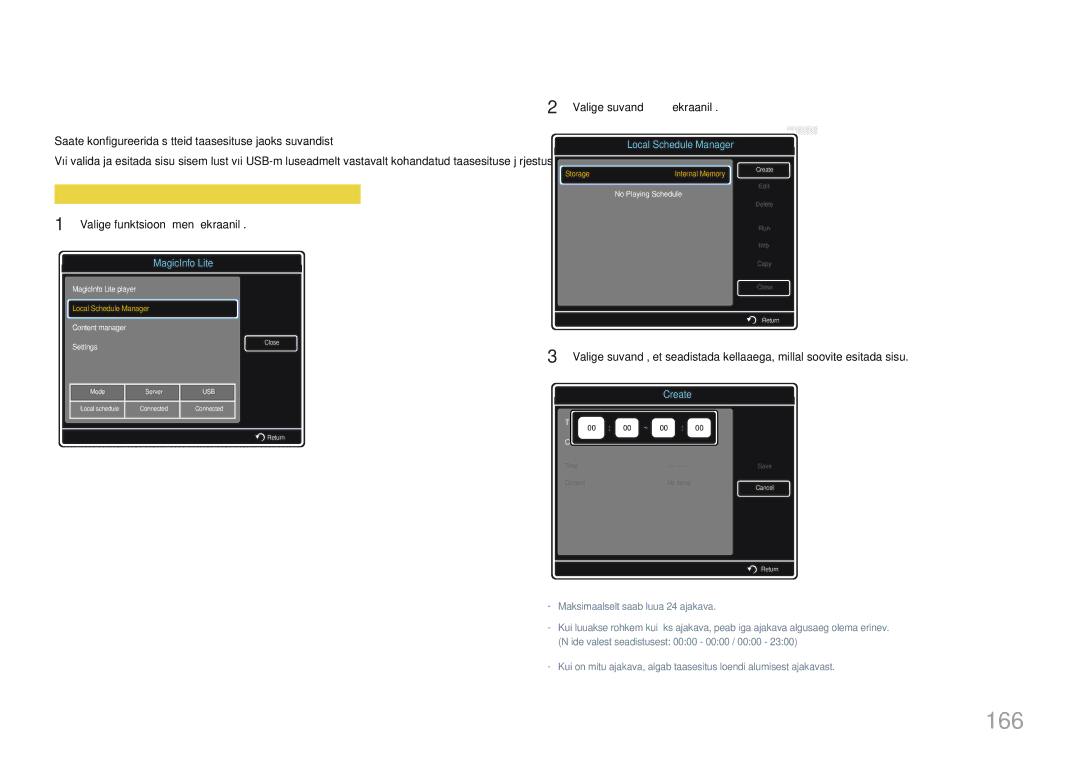 Samsung LH55UDDPLBB/EN manual 166, Local Schedule Manager, Funktsiooni Local schedule registreerimine 