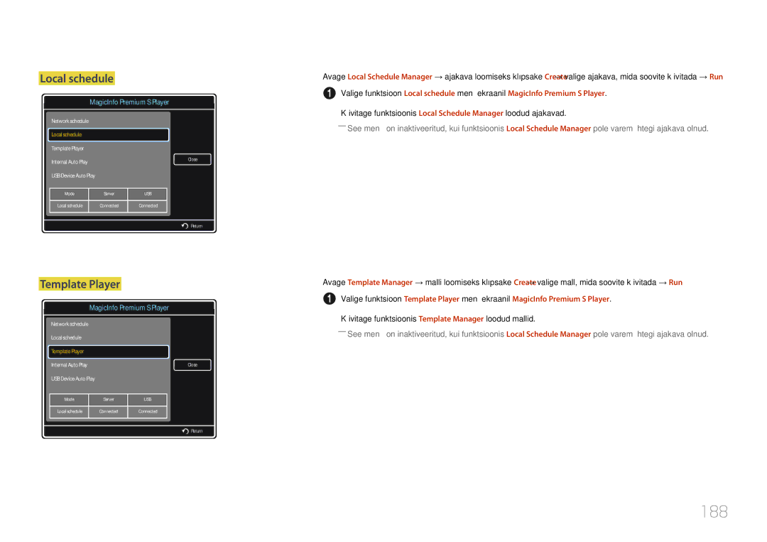 Samsung LH55UDDPLBB/EN manual 188, Template Player, Käivitage funktsioonis Template Manager loodud mallid 