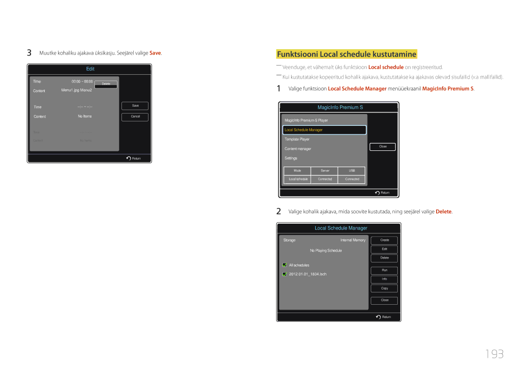 Samsung LH55UDDPLBB/EN manual 193, Funktsiooni Local schedule kustutamine 