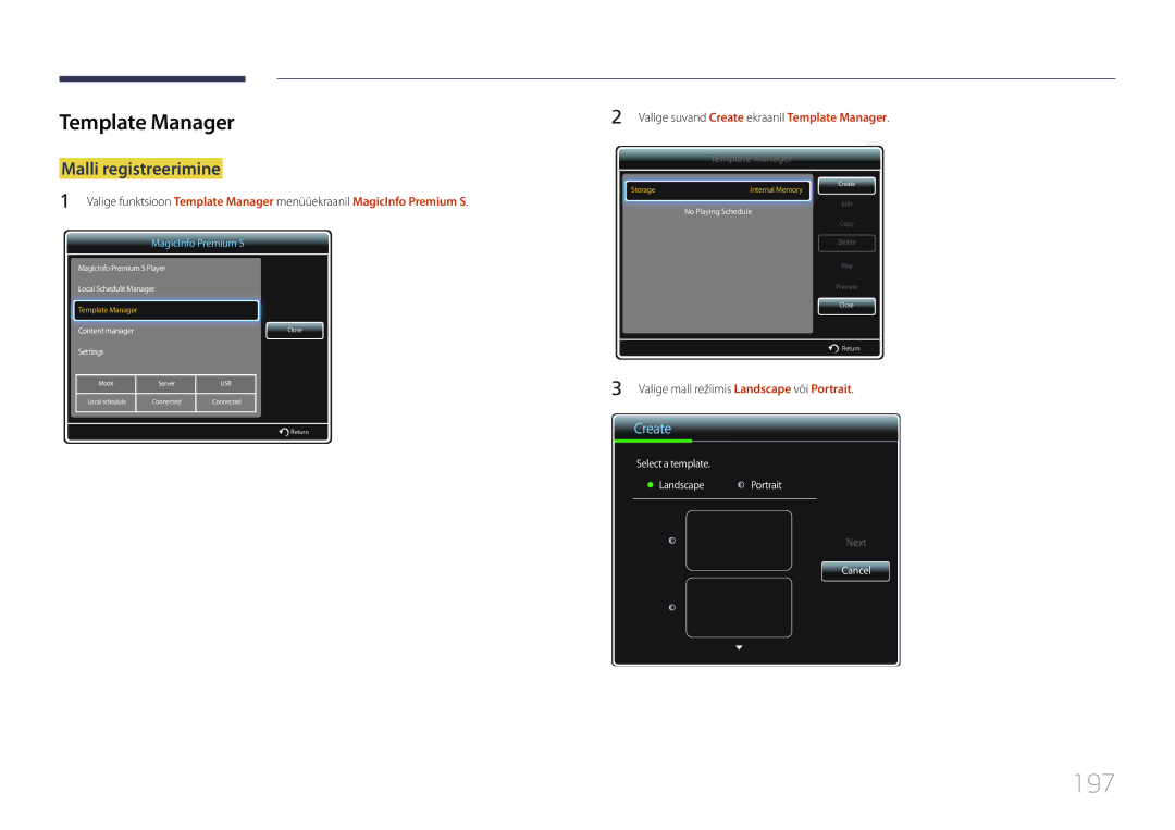 Samsung LH55UDDPLBB/EN manual 197, Template Manager, Malli registreerimine 