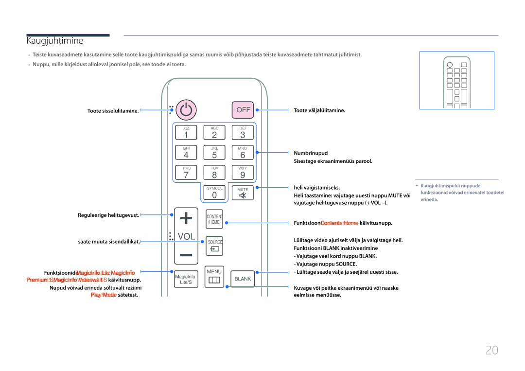 Samsung LH55UDDPLBB/EN manual Kaugjuhtimine, Funktsiooni Contents Home käivitusnupp 