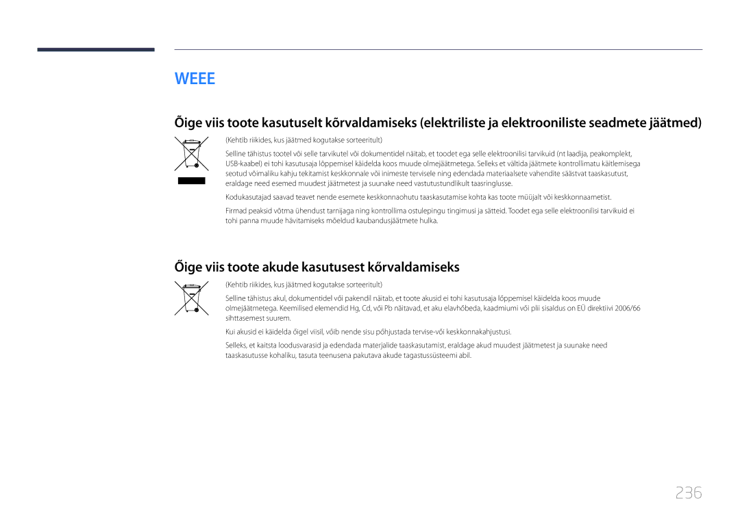 Samsung LH55UDDPLBB/EN manual 236, Őige viis toote akude kasutusest kőrvaldamiseks 