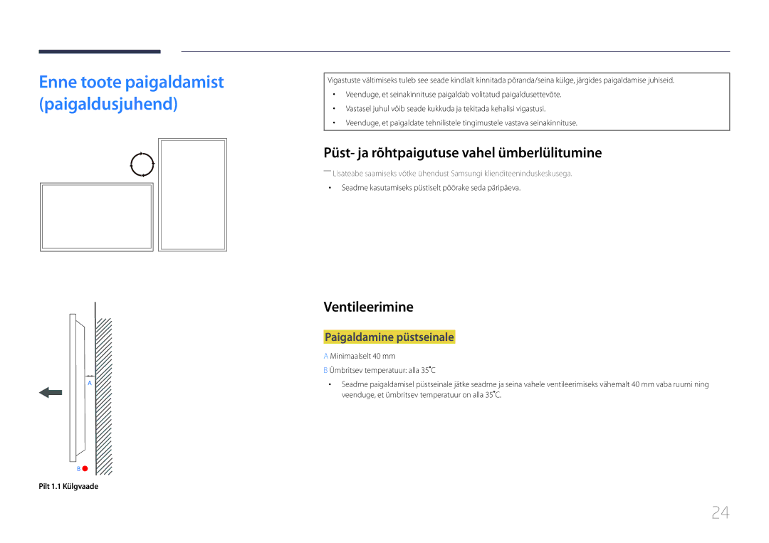 Samsung LH55UDDPLBB/EN manual Püst- ja rõhtpaigutuse vahel ümberlülitumine, Ventileerimine, Paigaldamine püstseinale 