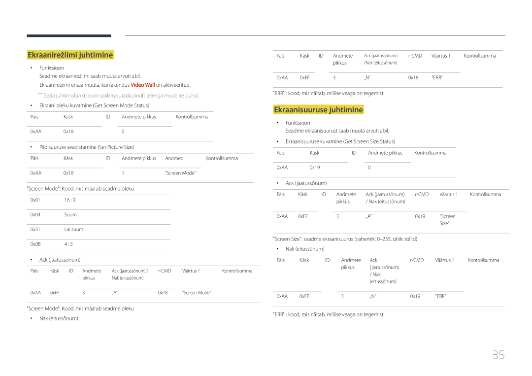 Samsung LH55UDDPLBB/EN manual Ekraanirežiimi juhtimine, Ekraanisuuruse juhtimine 