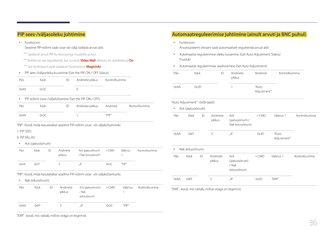 Samsung LH55UDDPLBB/EN manual PIP sees-/väljasoleku juhtimine, Automaatreguleerimise juhtimine ainult arvuti ja BNC puhul 