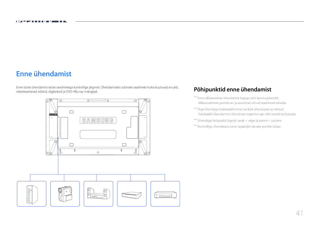 Samsung LH55UDDPLBB/EN manual Allikaseadme ühendamine ja kasutamine, Enne ühendamist, Põhipunktid enne ühendamist 