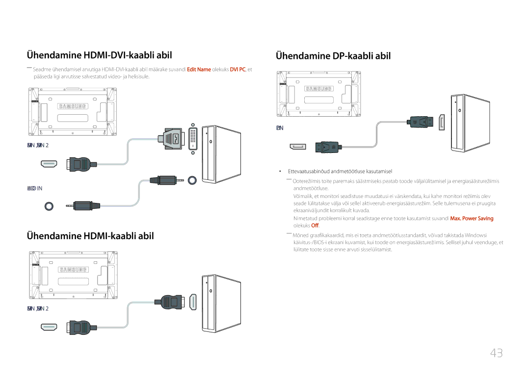 Samsung LH55UDDPLBB/EN manual Ühendamine HDMI-DVI-kaabli abil, Ühendamine HDMI-kaabli abil, Ühendamine DP-kaabli abil 