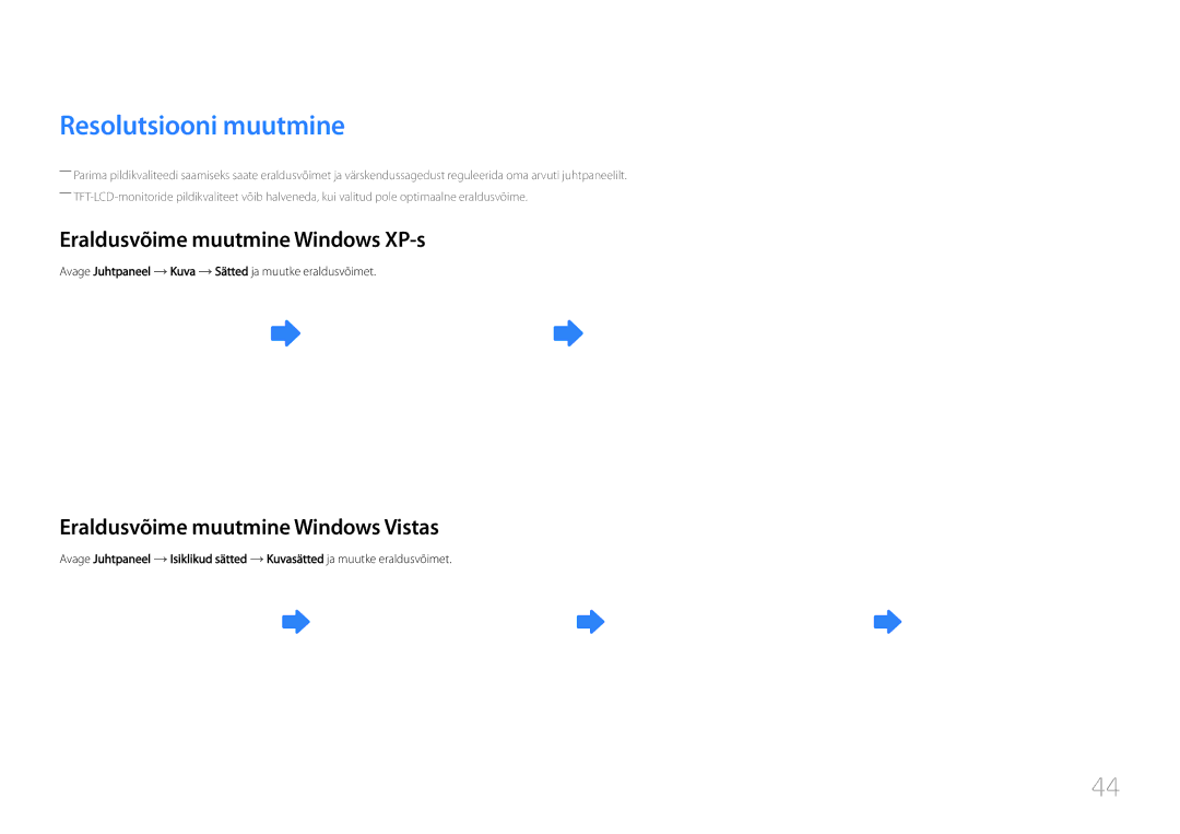 Samsung LH55UDDPLBB/EN Resolutsiooni muutmine, Eraldusvõime muutmine Windows XP-s, Eraldusvõime muutmine Windows Vistas 