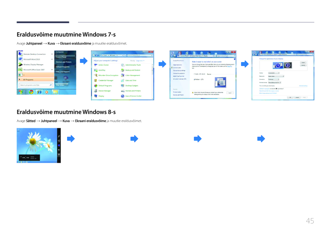 Samsung LH55UDDPLBB/EN manual Eraldusvõime muutmine Windows 7-s, Eraldusvõime muutmine Windows 8-s 