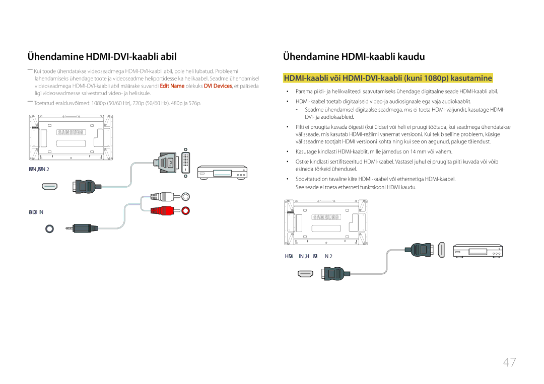 Samsung LH55UDDPLBB/EN manual Ühendamine HDMI-kaabli kaudu, HDMI-kaabli või HDMI-DVI-kaabli kuni 1080p kasutamine 