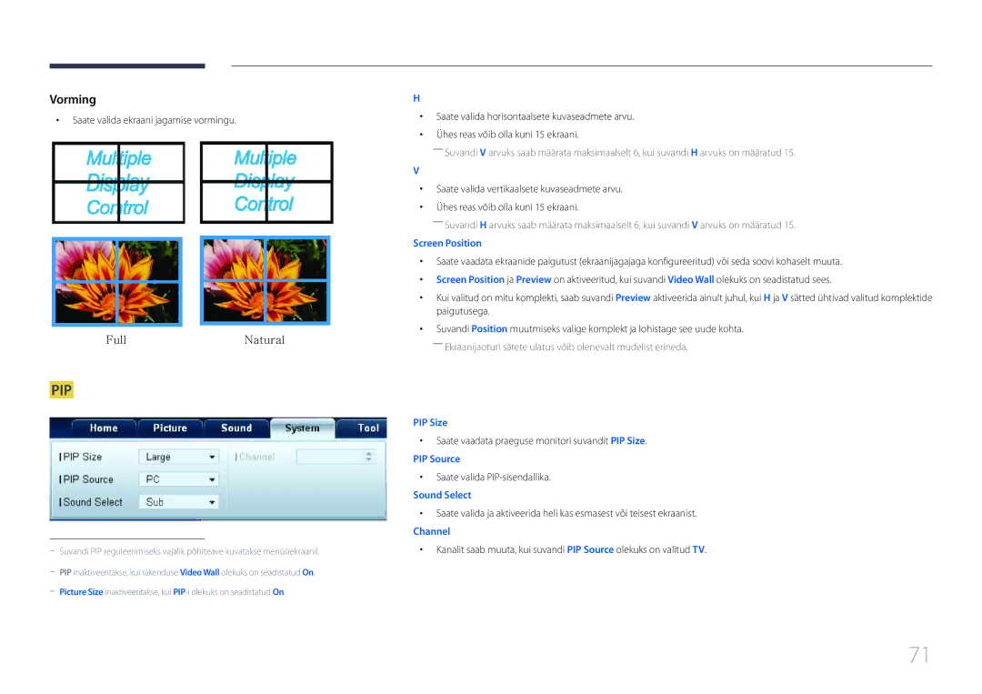 Samsung LH55UDDPLBB/EN manual Saate valida ekraani jagamise vormingu, Saate vaadata praeguse monitori suvandit PIP Size 
