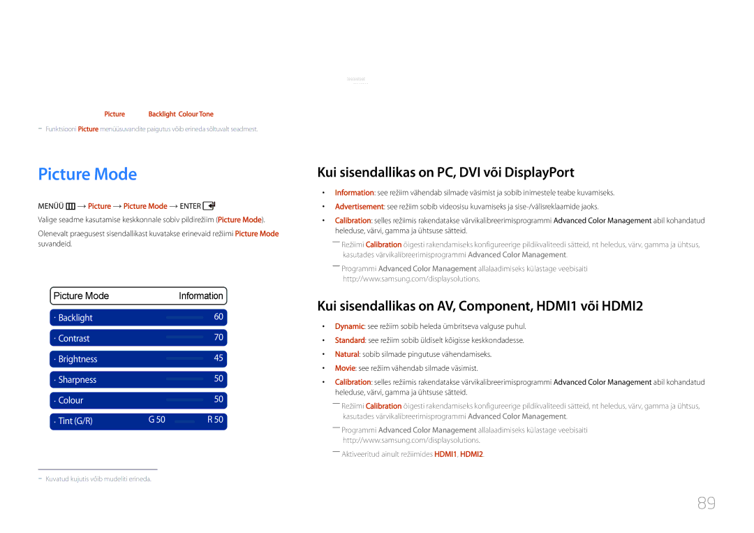 Samsung LH55UDDPLBB/EN manual Ekraani reguleerimine, Picture Mode, Kui sisendallikas on PC, DVI või DisplayPort 