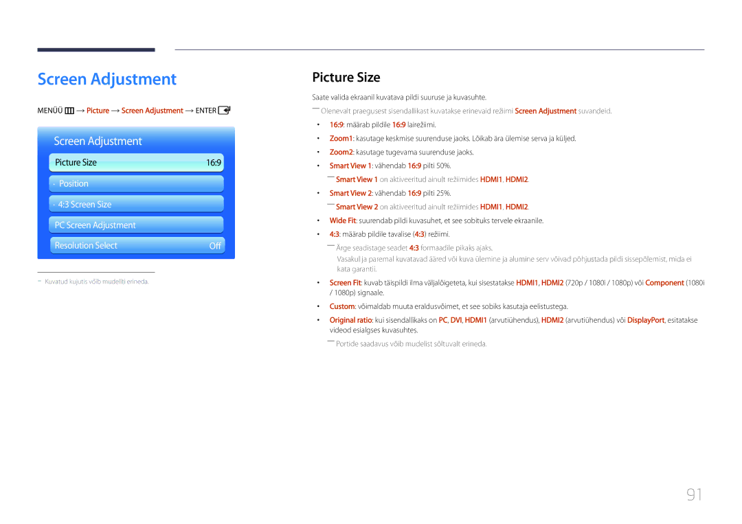 Samsung LH55UDDPLBB/EN Picture Size, Menüü m Picture Screen Adjustment Enter, Smart View 2 vähendab 169 pilti 25% 