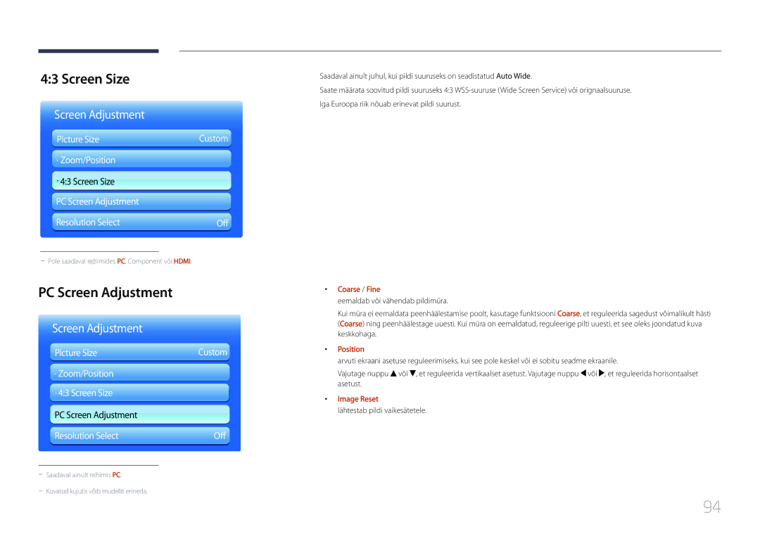 Samsung LH55UDDPLBB/EN manual Screen Size, PC Screen Adjustment, Coarse / Fine, Position, Image Reset 