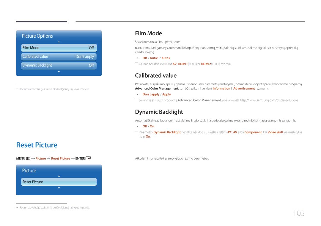 Samsung LH55UDDPLBB/EN manual Reset Picture, 103, Film Mode, Calibrated value, Dynamic Backlight 