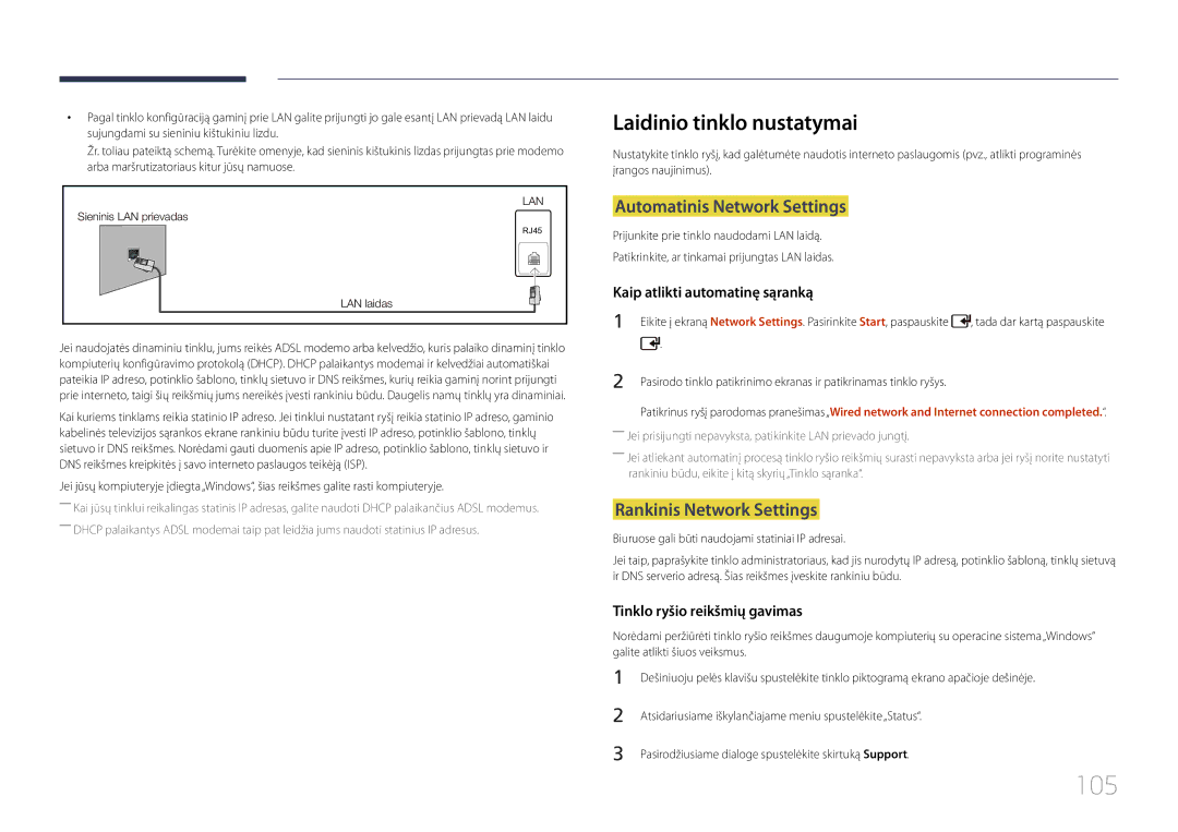 Samsung LH55UDDPLBB/EN manual 105, Laidinio tinklo nustatymai, Automatinis Network Settings, Rankinis Network Settings 