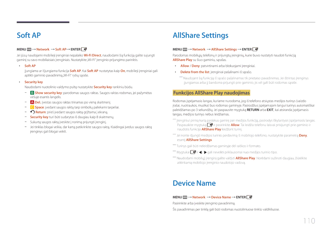 Samsung LH55UDDPLBB/EN manual Soft AP, AllShare Settings, Device Name, 110, Funkcijos AllShare Play naudojimas 