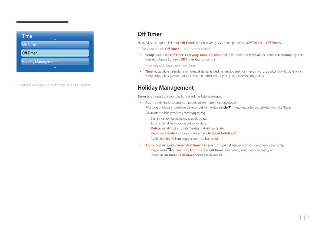 Samsung LH55UDDPLBB/EN manual 114, Holiday Management, Pasirinkti On Timer ir Off Timer nebus suaktyvinami 