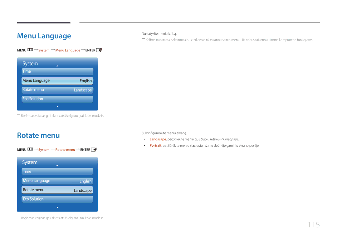 Samsung LH55UDDPLBB/EN manual 115, Menu m System Menu Language Enter, Menu m System Rotate menu Enter 