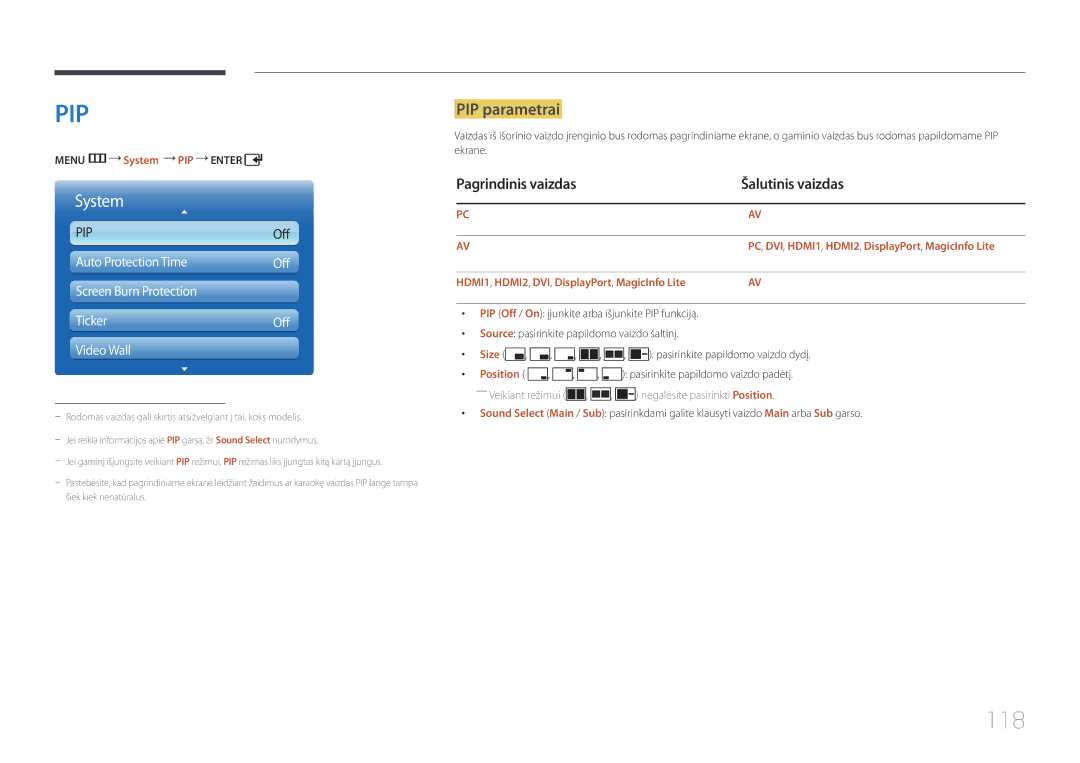 Samsung LH55UDDPLBB/EN manual 118, PIP parametrai, Pagrindinis vaizdas Šalutinis vaizdas 