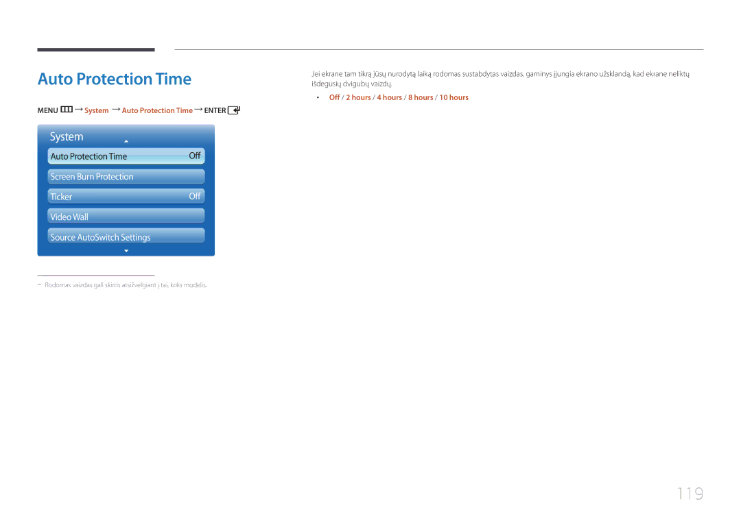 Samsung LH55UDDPLBB/EN 119, Menu m System Auto Protection Time Enter, Off / 2 hours / 4 hours / 8 hours / 10 hours 